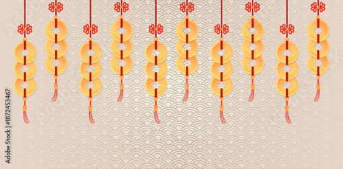 Traditional Chinese lucky charms featuring golden coin-like ornaments strung together with red knots and tassels on a patterned background.