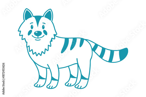 Cartoon wolf with a friendly smile and blue stripes is happily walking