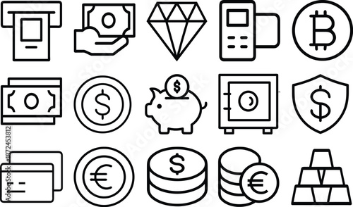 Business banking set featuring currency, credit-card, dollar, euro, investment, savings, wealth and more vector illustration with editable stroke.