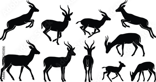 Antelope silhouettes, walking antelope, grazing antelope, leaping antelope, standing antelope, wildlife art, nature illustration, animal motion, elegant mammals, black silhouettes