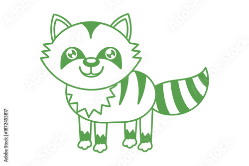 An adorable striped raccoon stands sweetly with its green line art against a white backdrop