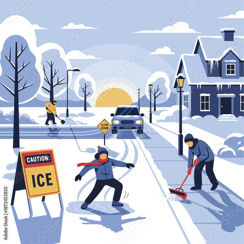 People Clearing Ice from Snowy Road.