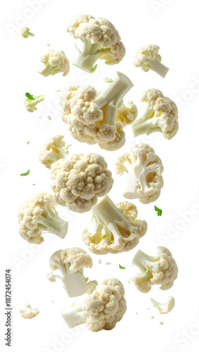Cauliflower florets falling and levitating on transparent background