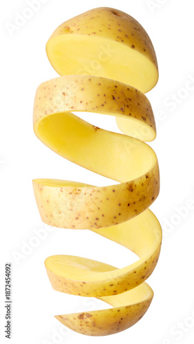 Potato peel spiral falling with transparent background