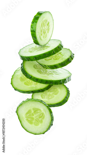 Sliced fresh green cucumber flying on transparent background