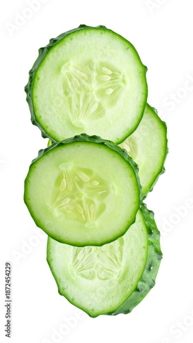 Cucumber slices falling, fresh green vegetable food
