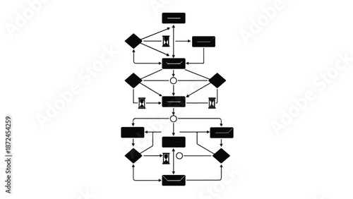 Technical flowchart diagram with multiple nodes and connections on white background for business process education and planning