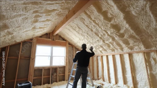 Contractor fitting rigid foam boards in attic rafters of an older public building to upgrade insulation and enhance indoor climate control.