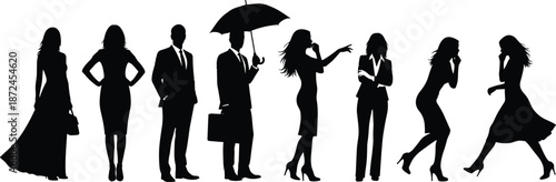 Business people silhouette set, formal attire poses, professional figure vector, workplace fashion design, corporate illustration collection