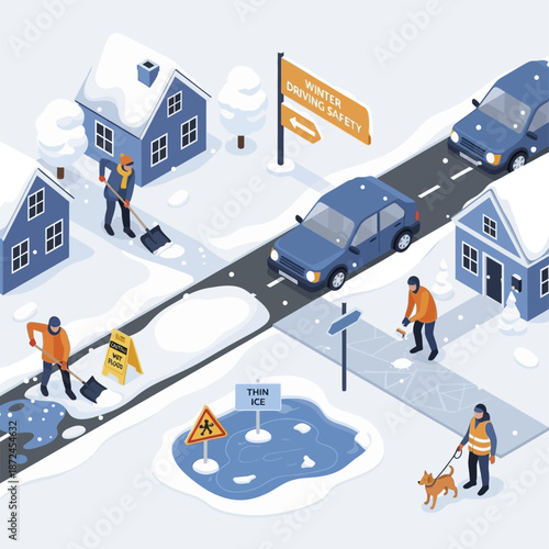 People shoveling snow on a winter day, clearing paths and roads.