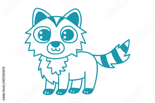 Isolated azure raccoon stands confidently, featuring a striped tail and adorable eyes