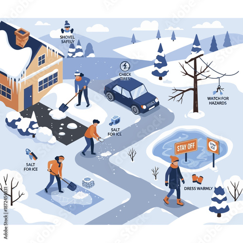 People Shoveling Snow on Winter Street.