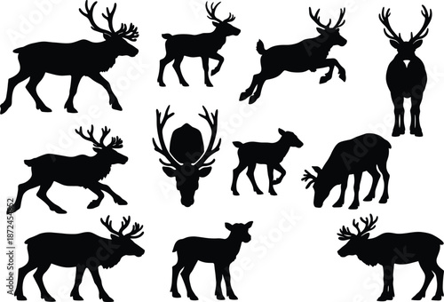 Deer elk silhouette illustration, black deer, wildlife vector, antlered animal, grazing deer, walking deer, running deer, standing deer, lying deer, frontal view, nature art, safari animal