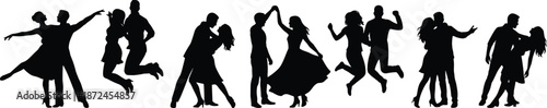 Dancing couple silhouette set, partner dance poses, expressive movement vector, ballroom and swing design, romantic illustration collection