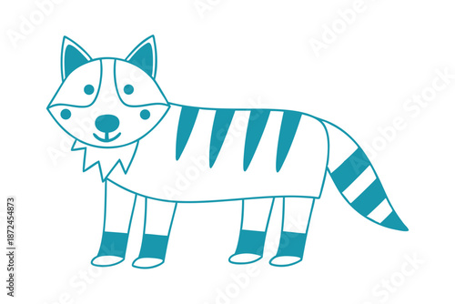 Outlined turquoise tiger with striped body and legs stands cheerfully on a white backdrop