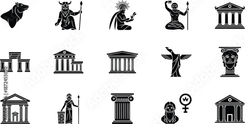 Ancient Greek Mythology Figures and Architecture Icons Silhouette Collection vector
