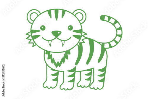 Adorable tiger cub stands with a toothy grin in vibrant green outline against white
