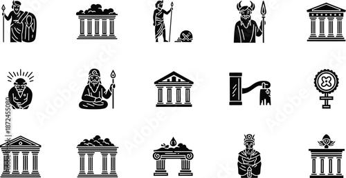Collection of Ancient Greek and Roman Silhouette Icons on White Background Keywords: greek, roman, silhouette, icon, god, temple, building