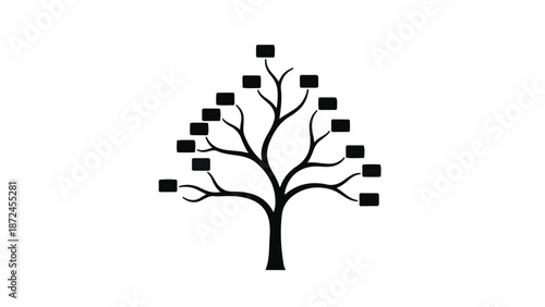 Simple black family tree illustration with square boxes on branches, symbolizing relationships and connections on white background