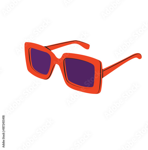 Red stylish glasses. Square, rectangular frame. Hand-drawn modern vector illustration. Isolated design element. Summer fashion accessories, sun protection concept. Logo, print, sticker template