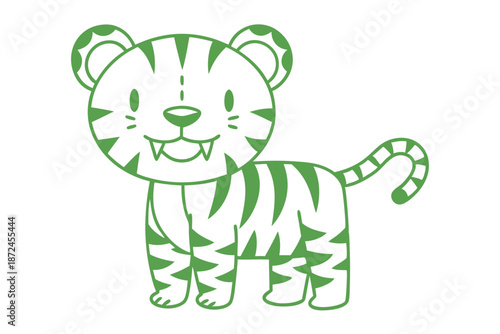 Cute green tiger with stripes stands smiling, presenting its small teeth openly