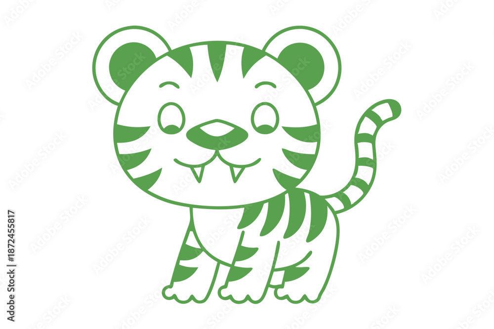 Obraz premium Cartoon tiger cub playfully showcases its green stripes and cute fangs outline