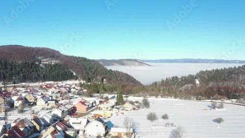 Panoramic view of town of Delnice in Gorski kotar in Croatia in winter
