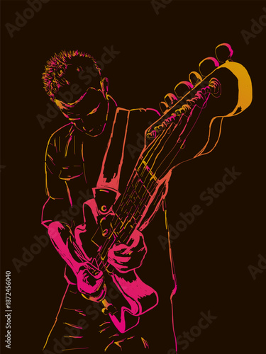 A man playing an electric guitar against a dark background. This vector sketch illustration is done in yellow and purple colors. Perfect for your music-themed designs, including rock performances.