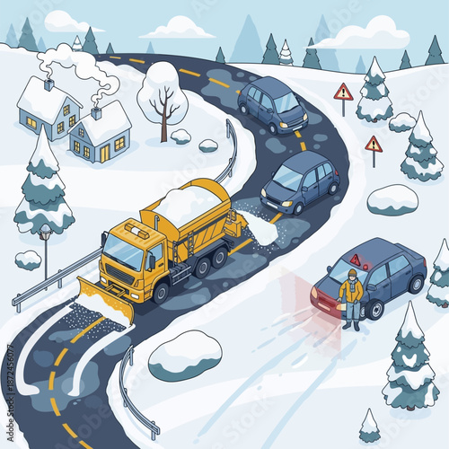 Snowplow Clearing Snow from Roadway.