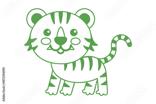 Adorable green outline of a tiger standing cheerfully shows its cute face design