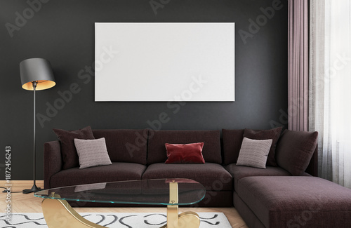 Mockup poster in the living room with modern corner dark purple sofa, table and lamp, 3d render, 3d illustration