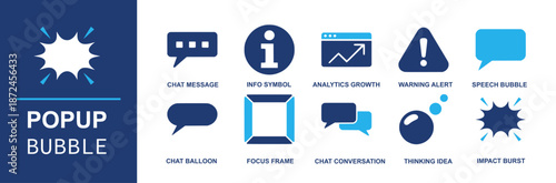 Popup bubble icon set: chat message, info symbol, analytics growth, warning alert, speech bubble, chat balloon, focus frame, chat conversation, thinking idea, impact burst and more. Solid vector icons