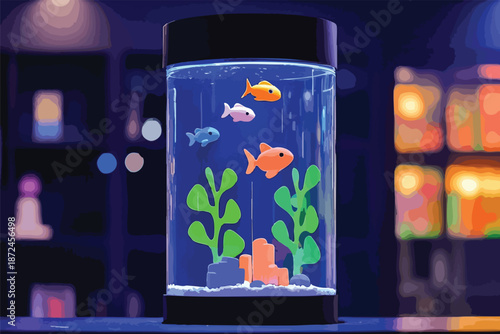 A vibrant, stylized illustration showcases a cylindrical fish tank with colorful, cartoon-like fish swimming amongst aquatic plants, set against a blurred, inviting interior backdrop.