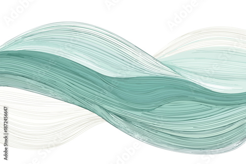 An abstract, flowing design features soft, watercolor-like strokes of teal and white, creating a dynamic and elegant wave-like pattern on a clean, white background.