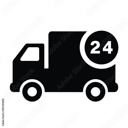 Black silhouette truck icon signifies round the clock twentyfour hour delivery service guarantee