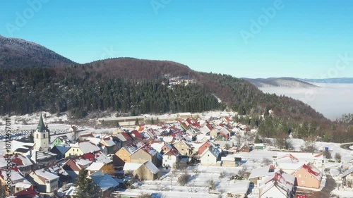 Panoramic view of town of Delnice in Gorski kotar in Croatia in winter
