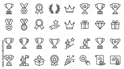 Vector Achievement and Success Line Icon Set with Trophies, Medals, and Awards.