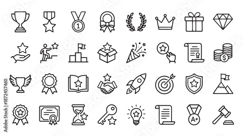 Vector Achievement and Success Line Icon Set with Trophies, Medals, and Awards.