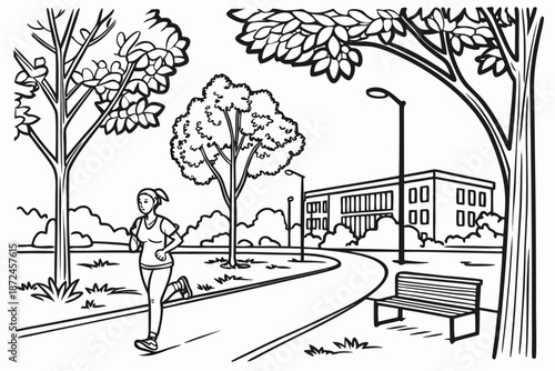 Woman Jogging in Park Outdoor Line Art Illustration