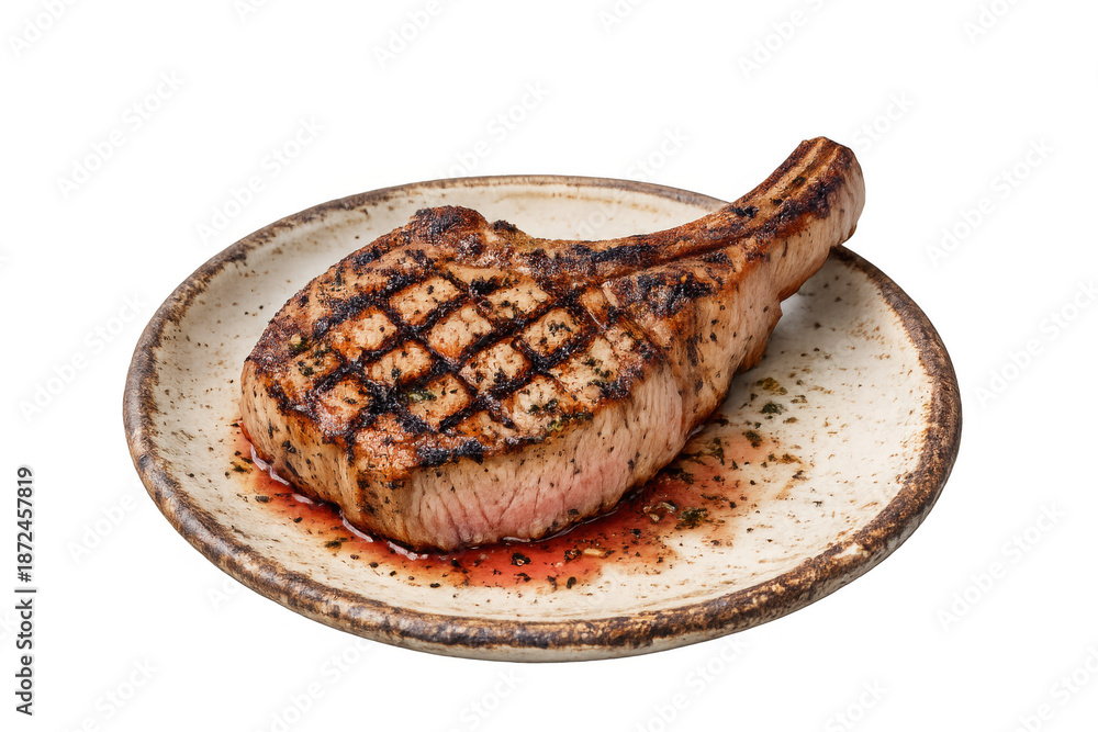 Fototapeta premium Grilled pork chop displaying perfect grill marks and a juicy interior, served on a rustic plate. Transparent background