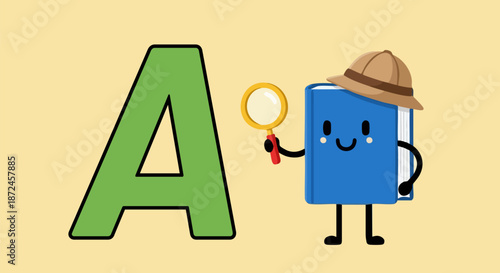 Cartoon detective book character exploring the uppercase letter a learning the alphabet on white background
