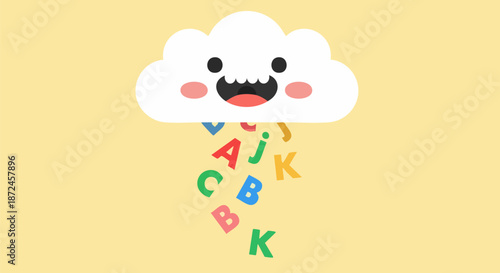 Cute smiling cartoon cloud happily raining down colorful alphabet letters signifying learning and education concepts on white background