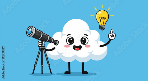 Cute cartoon cloud character thoughtfully observing the distance through a telescope with a bright idea on white background