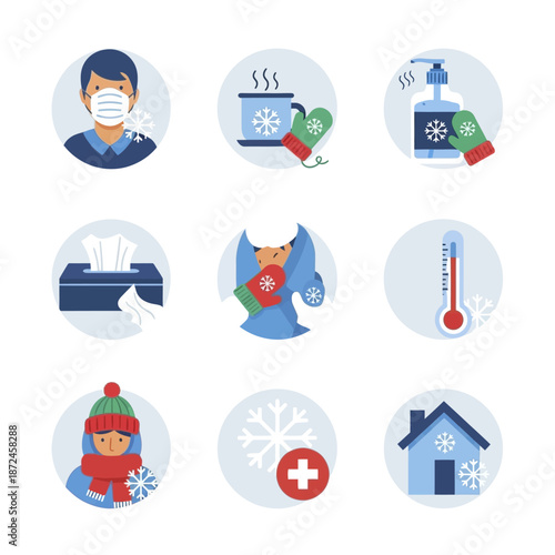 Winter Health and Cold Prevention Icons Set.