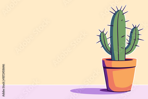 A vibrant illustration showcases a potted cactus with sharp spines, casting a shadow against a pastel yellow background, perfect for design projects and botanical themes.