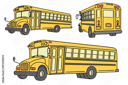 Classic Yellow School Bus Cartoon Illustrations Set