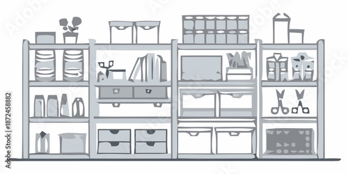 Organized storage room with shelves and various office supplies