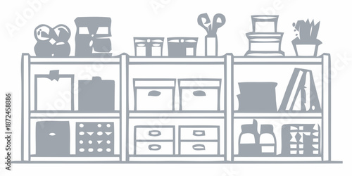 Organized office storage shelves with office supplies and books