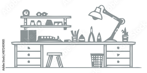 Cluttered workspace with desk lamp and office supplies