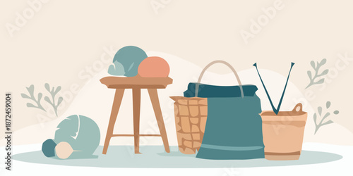 Cozy home cleaning setup with organized baskets and supplies